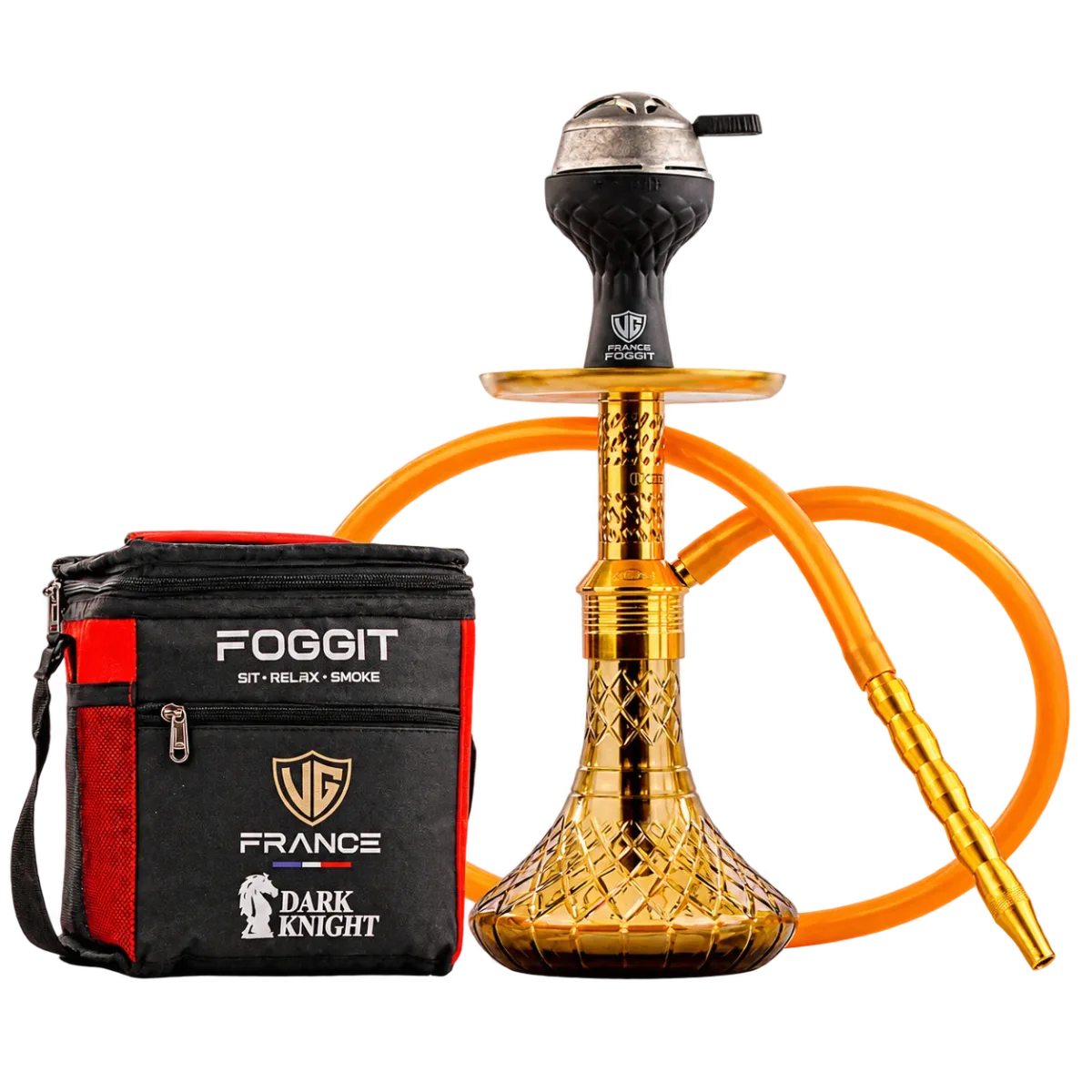 Dark Knight Slash Hookah with Bag - Gold Stem / Gold Base