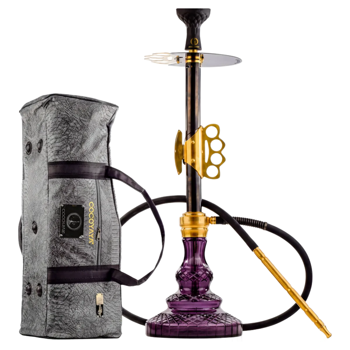 Knuckler Hookah - Golden Stem / Emerald purple Base with Grey bag