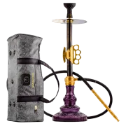 Knuckler Hookah - Golden Stem / Emerald purple Base with Grey bag