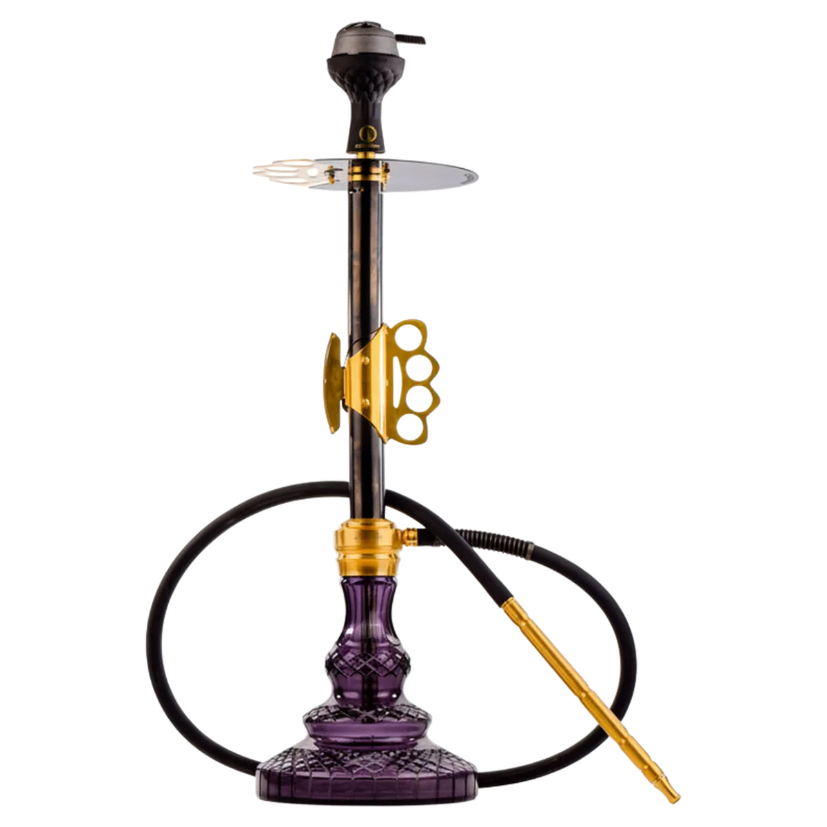 Knuckler Hookah - Golden Stem / Emerald purple Base with Grey bag